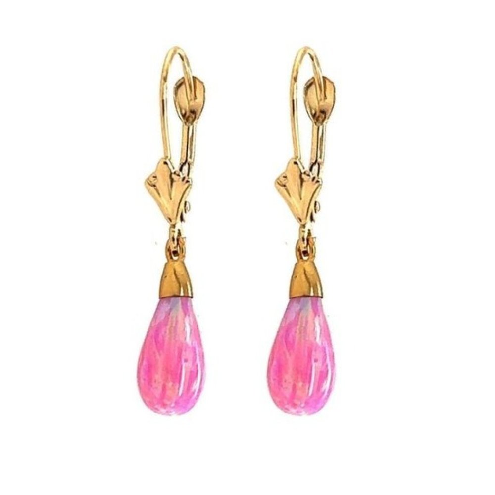 14k Solid Gold Teardrop Shape Dangle Opal Leverba… - image 5